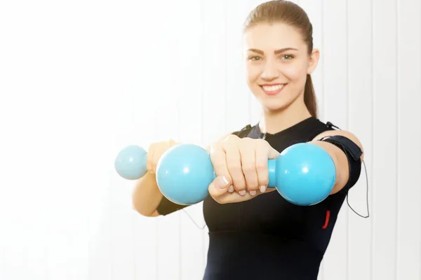 Beautiful Young Girl Engaged Electric Muscular Pacing Suit Blue Dumbbells — Stock Photo, Image