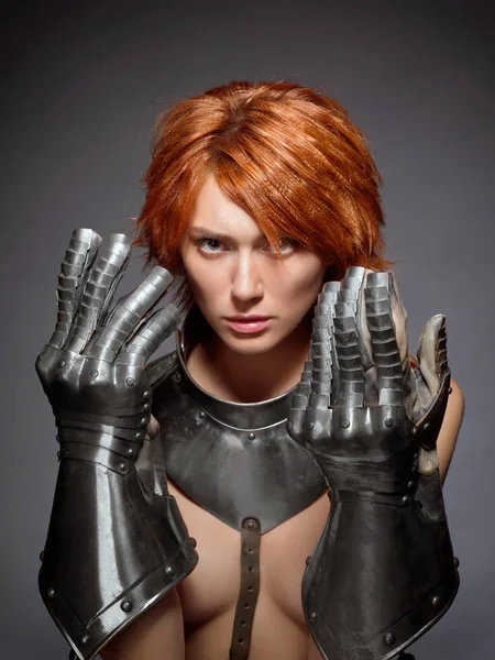 Beautiful Red Haired Girl Metal Medieval Knight Suit Gloves Tragic — Stock Photo, Image