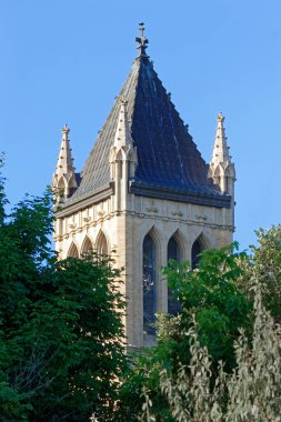 Iowa eyalet Campanile üst ağaçların üzerinden yükselir. Bu tarihi belltower Iowa State Üniversitesi Kampüs bir özelliği 1897 yılından bu yana olmuştur.