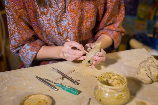 Professional Woman Potter Making Ceramic Souvenir Penny Whistle Toy Bird — Stock Photo, Image