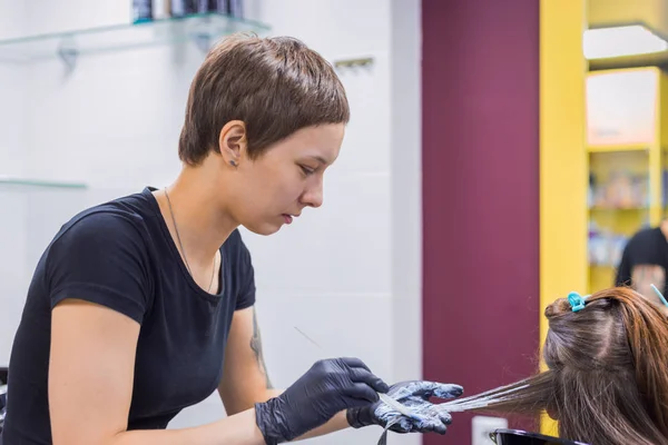 Cabeleireiro profissional colorir o cabelo da mulher cliente no estúdio — Fotografia de Stock