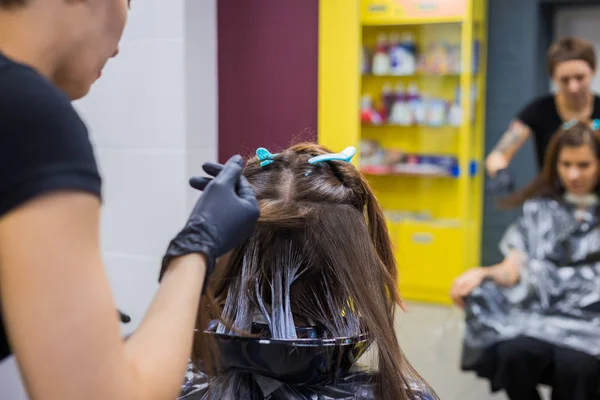 Cabeleireiro profissional fazendo penteado para o cliente — Fotografia de Stock