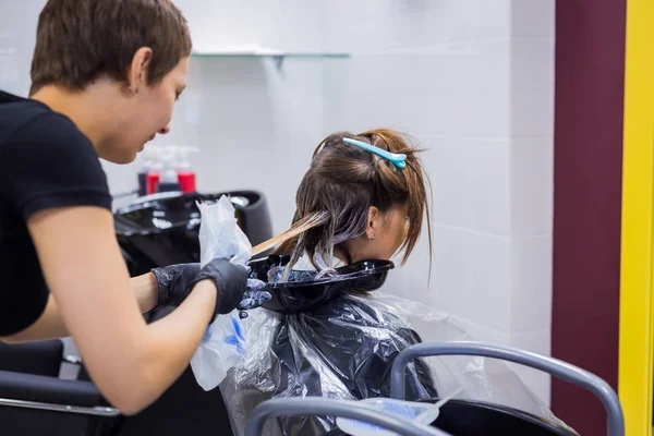 Cabeleireiro Profissional Cabelo Coloração Estilista Cliente Mulher Salão Estúdio Conceito — Fotografia de Stock