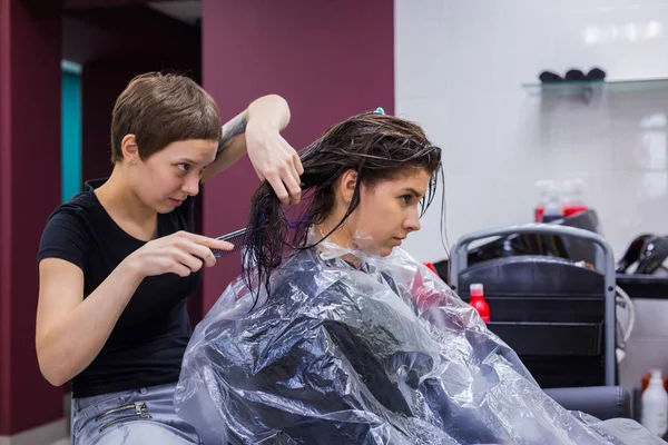 Peluquería profesional haciendo peinado para el cliente — Foto de Stock