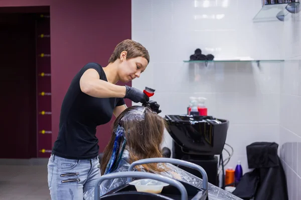 Professional hairdresser coloring hair of woman client at studio