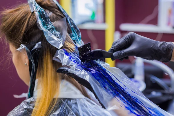 Cabeleireiro profissional colorir o cabelo da mulher cliente no estúdio — Fotografia de Stock