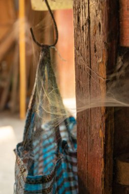 bir kanca ile bir web üzerinde asılı bir çanta. Odaya