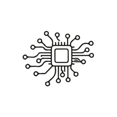 Devre benzeri çizgilerle tasarlanmış, yapay zekayı, teknolojiyi ve dijital yeniliği sembolize eden minimalist beyin şekilli bir simge.