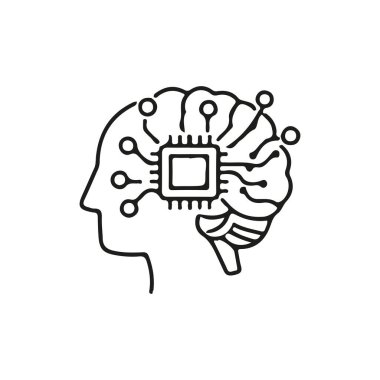 Devre benzeri çizgilerle tasarlanmış, yapay zekayı, teknolojiyi ve dijital yeniliği sembolize eden minimalist beyin şekilli bir simge.