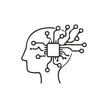 Devre benzeri çizgilerle tasarlanmış, yapay zekayı, teknolojiyi ve dijital yeniliği sembolize eden minimalist beyin şekilli bir simge.