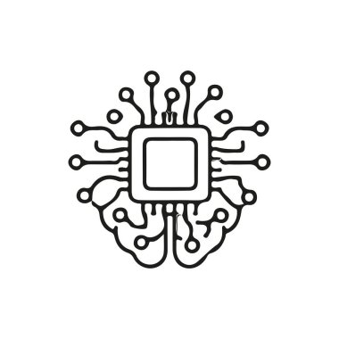 Devre benzeri çizgilerle tasarlanmış, yapay zekayı, teknolojiyi ve dijital yeniliği sembolize eden minimalist beyin şekilli bir simge.