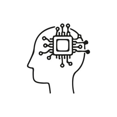 Devre benzeri çizgilerle tasarlanmış, yapay zekayı, teknolojiyi ve dijital yeniliği sembolize eden minimalist beyin şekilli bir simge.