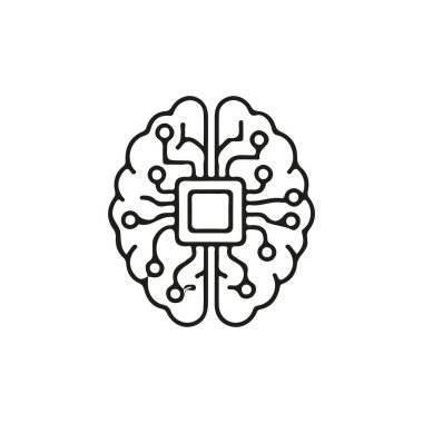 Devre benzeri çizgilerle tasarlanmış, yapay zekayı, teknolojiyi ve dijital yeniliği sembolize eden minimalist beyin şekilli bir simge.
