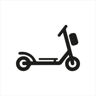 Siyah beyaz minimalist tarzda elektrikli scooter 'ın basit bir siluet simgesi. Ulaşım uygulamaları, navigasyon haritaları ya da modern grafik ihtiyaçları için mükemmel.