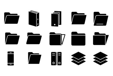 Bu dizin simgesi seti, temiz çizgiler ve basit şekillerle dizayn edilmiş minimalist siyah siluet koleksiyonunu içerir. Simgeler çeşitli klasör, doküman, küp ve katmanlı yığınları içerir, dijital düzen için mükemmeldir