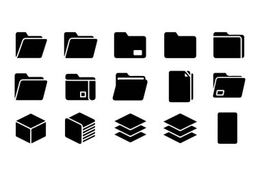 Bu dizin simgesi seti, temiz çizgiler ve basit şekillerle dizayn edilmiş minimalist siyah siluet koleksiyonunu içerir. Simgeler çeşitli klasör, doküman, küp ve katmanlı yığınları içerir, dijital düzen için mükemmeldir