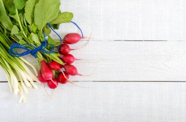 Taze kırmızı turp ve beyaz ahşap zemin üzerine yeşil genç soğan. Sağlıklı beslenme ile turp. Bir ışık bahar sebze salatası için malzemeler. Bir yazıt için boş alan.