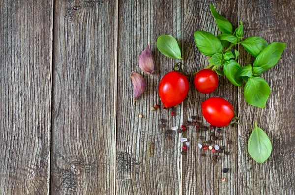 Daun Hijau Segar Dari Kemangi Organik Dan Tomat Matang Kecil — Stok Foto