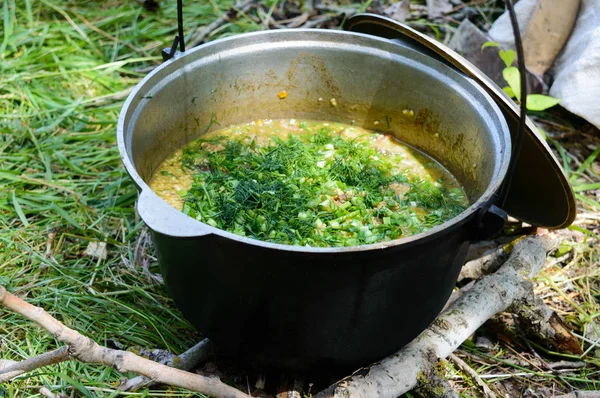 野菜と新鮮なハーブ 自然に鍋でおいしいお粥のクスクス — ストック写真