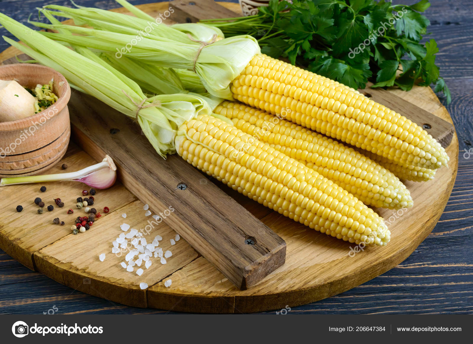 Young Corn Cobs Leaves Spices Herbs Sea Salt Wooden Tray Stock Photo by