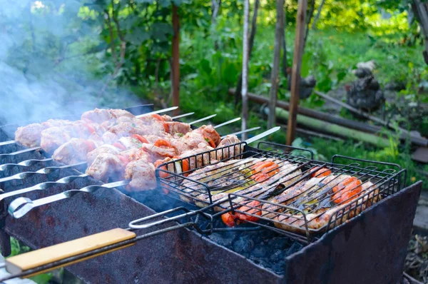 돼지고기 소시지 야채와 케밥은 야외에서 — 스톡 사진