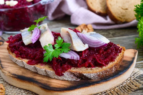 Boiled Grated Beets Pieces Herring Red Onions Nuts Whole Grain — Stock Photo, Image