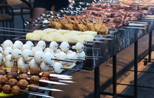 Straatvoedsel Outdoor Cooking Concept Groenten Vlees Kaas Champignons Vis Spiesjes — Stockfoto