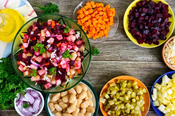 Готовые Ингредиенты Приготовления Овощного Салата Vinaigrette Витаминный Вегетарианский Салат — стоковое фото