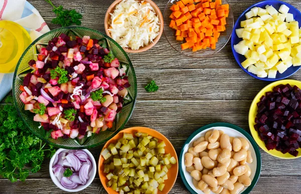Ingrédients Préparés Pour Cuisine Salade Légumes Vinaigrette Salade Vitamines Végétariennes — Photo