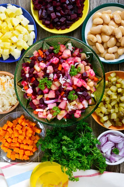 Ingrédients Préparés Pour Cuisine Salade Légumes Vinaigrette Salade Vitamines Végétariennes — Photo