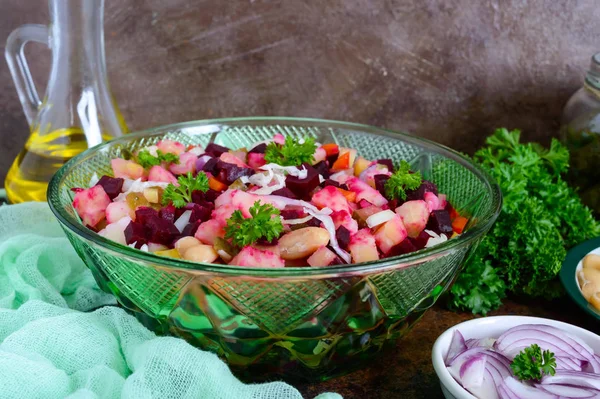 Винегрет Витаминный Вегетарианский Салат Готовые Ингредиенты Приготовления Овощного Салата — стоковое фото
