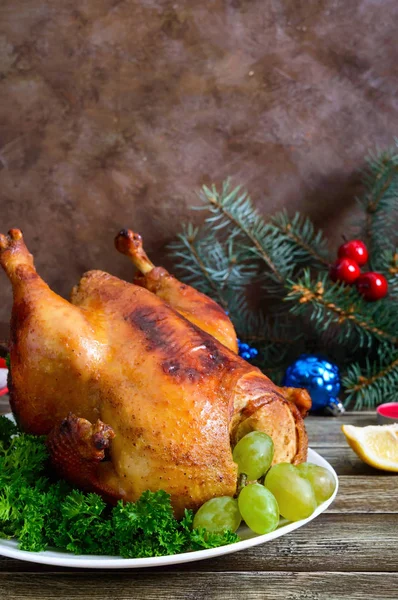 Dindon Plat Traditionnel Sur Table Vacances Dîner Fête Pour Thanksgiving — Photo
