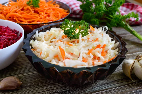 Salads Fresh Vegetables Cabbage Carrots Beets Korean Spicy Salads Bowls — Stock Photo, Image
