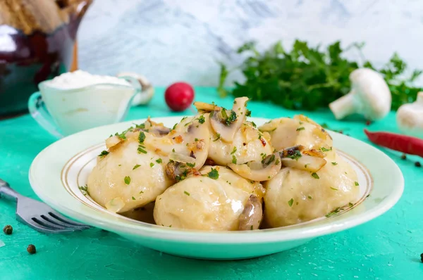 Ukrainian Dumplings Meat Mushrooms Bowl Bright Background Top View — Stock Photo, Image