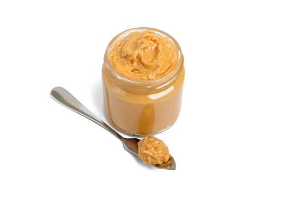 Erdnussbutter Einem Glas Isoliert Auf Weißem Hintergrund Ein Traditionelles Produkt — Stockfoto