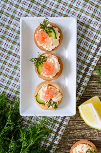 Tartlets Cream Cheese Salted Salmon White Plate Tasty Light Snack — Stock Photo, Image