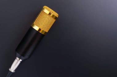 Siyah bir arka plan kopya alanı güzel altın mikrofon. Üstten Görünüm, düz yatıyordu.