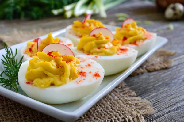 Deviled Eggs Delicious Appetizer Boiled Eggs Stuffed Yolk Mustard Mayonnaise — Stock Photo, Image