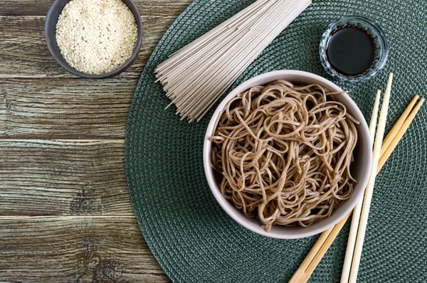 Cold Soba Buckwheat Noodles Sauce Sesame Japanese Food Traditional Asian — Stock Photo, Image