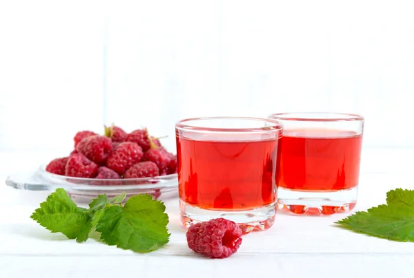 Raspberry Liqueur Glass Fresh Berries White Background Alcoholic Flavored Drink — Stock Photo, Image