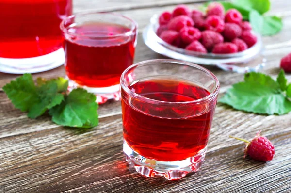Raspberry Liqueur Glass Fresh Natural Ripe Organic Berries Green Leaves — Stock Photo, Image