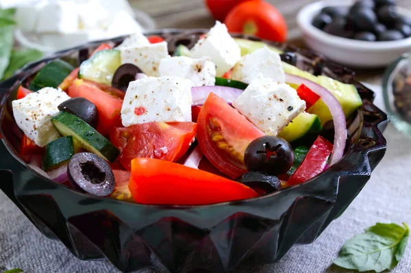 Tasty Vitamin Salad Fresh Vegetables Goat Cheese Black Olives Basil — Stock Photo, Image