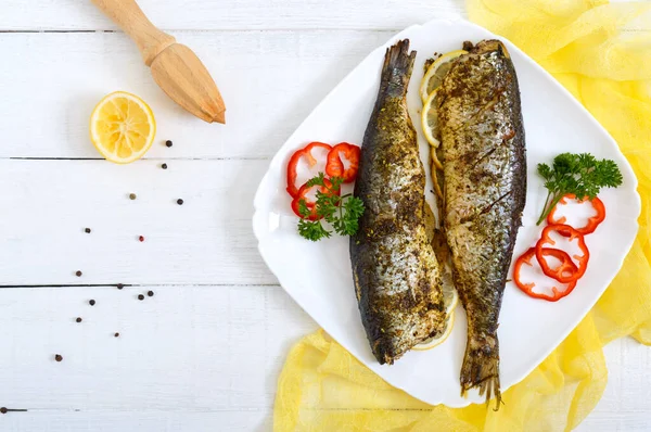 Baked Herring Lemon Spices Plate White Wooden Table Tasty Fish — Stock Photo, Image