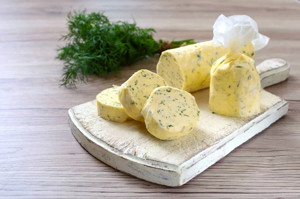Butter Herb Sandwiches Steak Portion Herb Butter Sliced Wooden Board — Stock Photo, Image