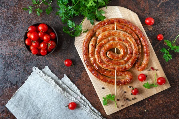 Delicious Homemade Sausages Baked Rings Skewers Cherry Tomatoes Oktoberfest Snack — Stock Photo, Image