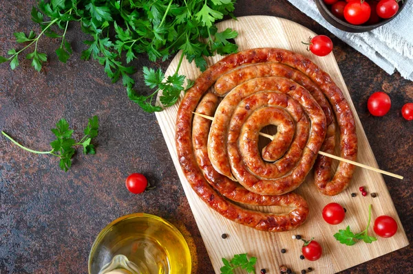 Delicious Homemade Sausages Baked Rings Skewers Cherry Tomatoes Oktoberfest Snack — Stock Photo, Image