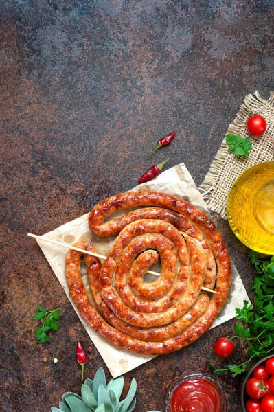 Delicious Homemade Sausages Baked Rings Skewers Cherry Tomatoes Oktoberfest Snack — Stock Photo, Image