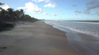 Dron hava görüntüsü dalgalar beyaz kumsalda kırılıyor. Kuzeydoğu Brezilya plajı. Ilhus, Bahia, Brezilya.