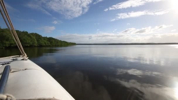 Schnellboot Geschwindigkeit Über Glattes Flusswasser Mit Blauem Himmel Und Sonne — Stockvideo