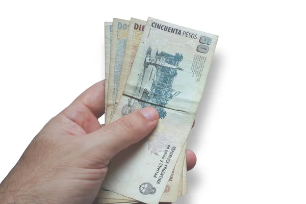 Рука Людини Тримає Аргентинські Гроші Банкнота Аргентинські Гроші Розташований Білому — стокове фото